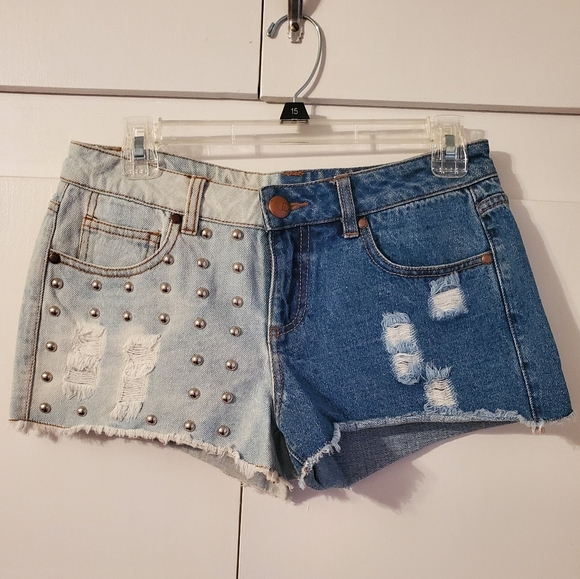Women's Material Girl Light and Dark Wash Studded Denim Shorts - Picture 1 of 5